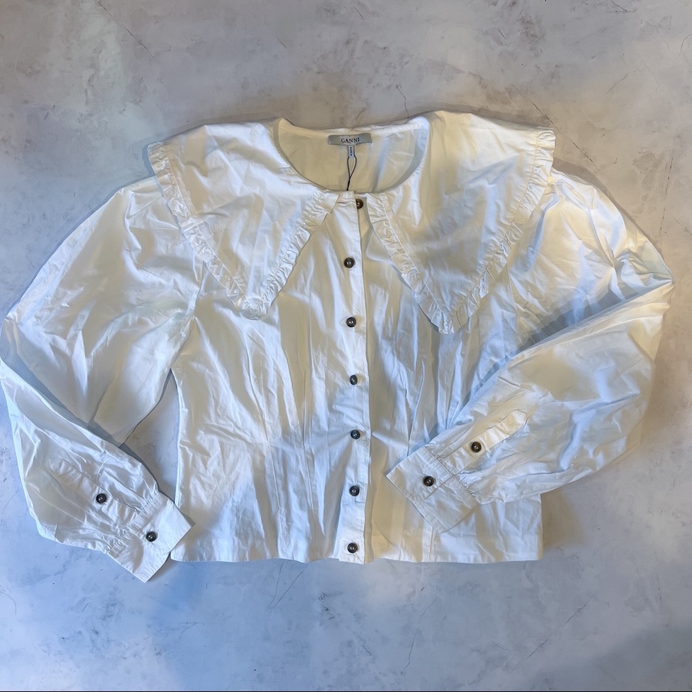 Ganni Cotton Poplin Cropped Shirt with Ruffle Bib Collar